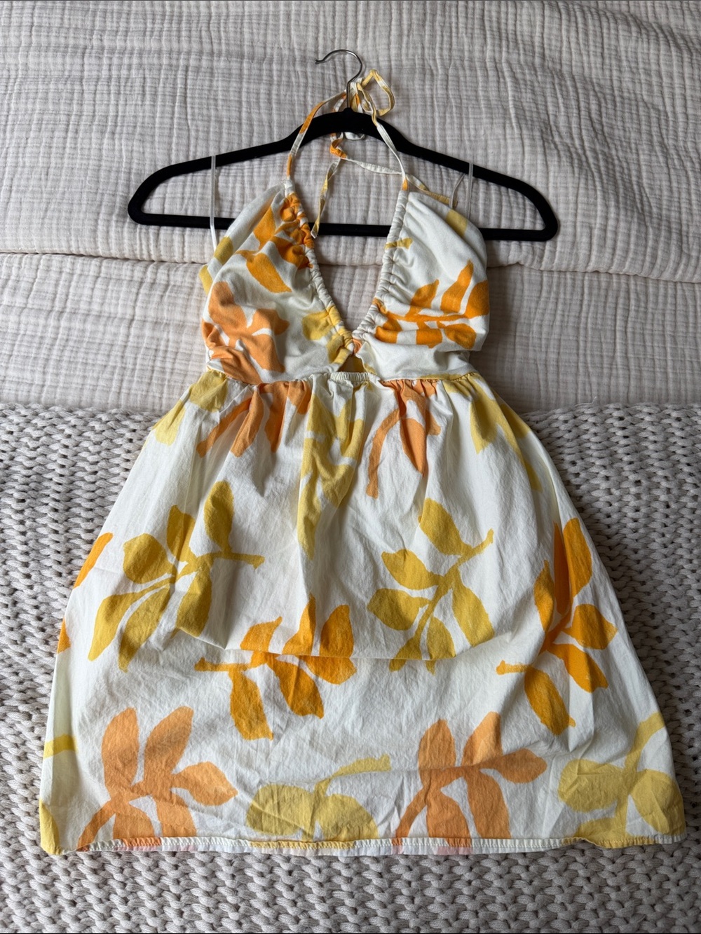 Zara White Halter Dress with Yellow & Orange Leaf Pattern